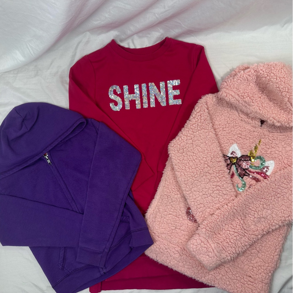 Girls Size 6 Bundle Sweater Dress + 2 Hoodies Pink Unicorn Purple Shine